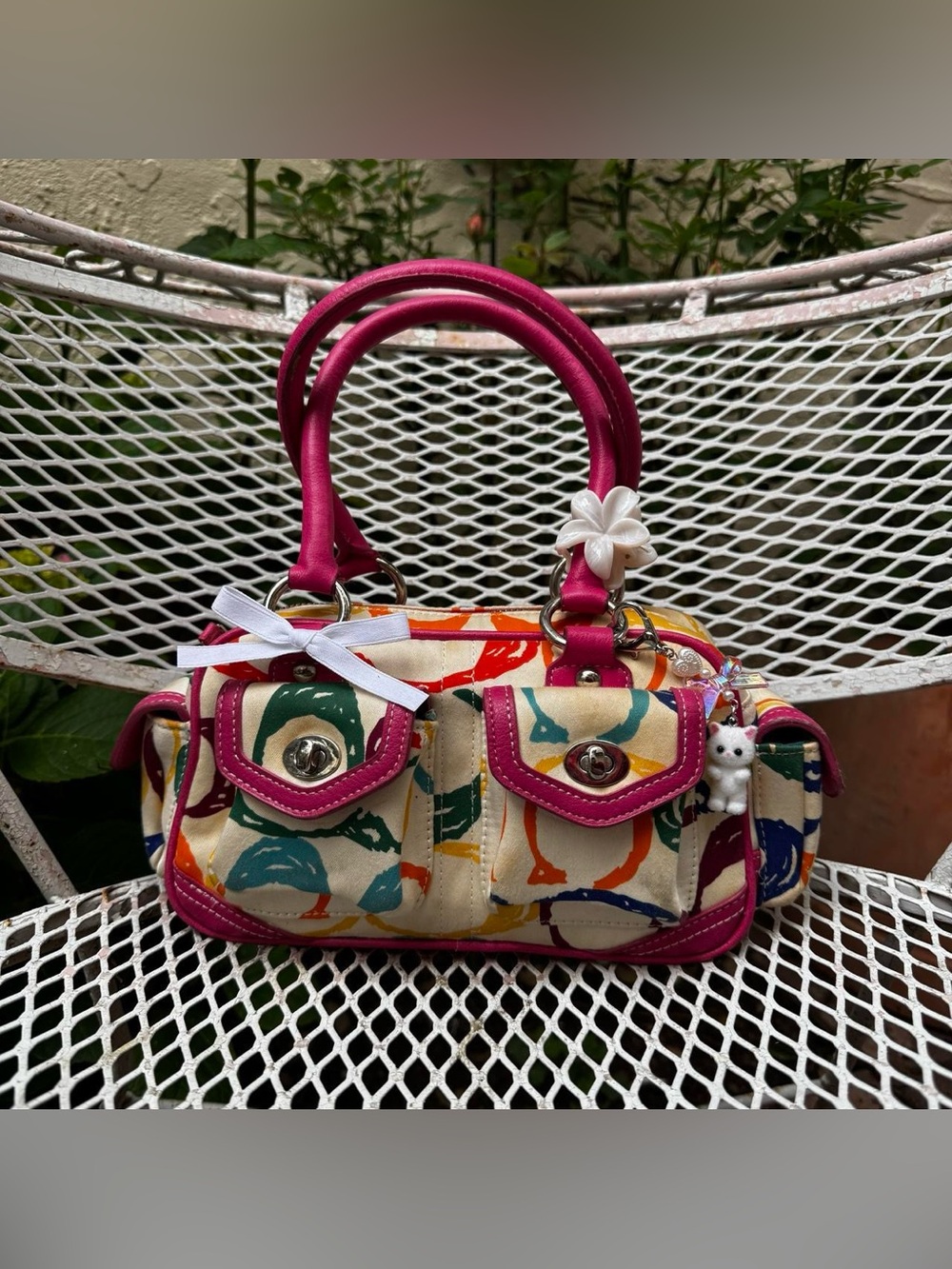 Rare Y2K Mini Pink Leather with Colorful Scribble Monograming Coach Bag